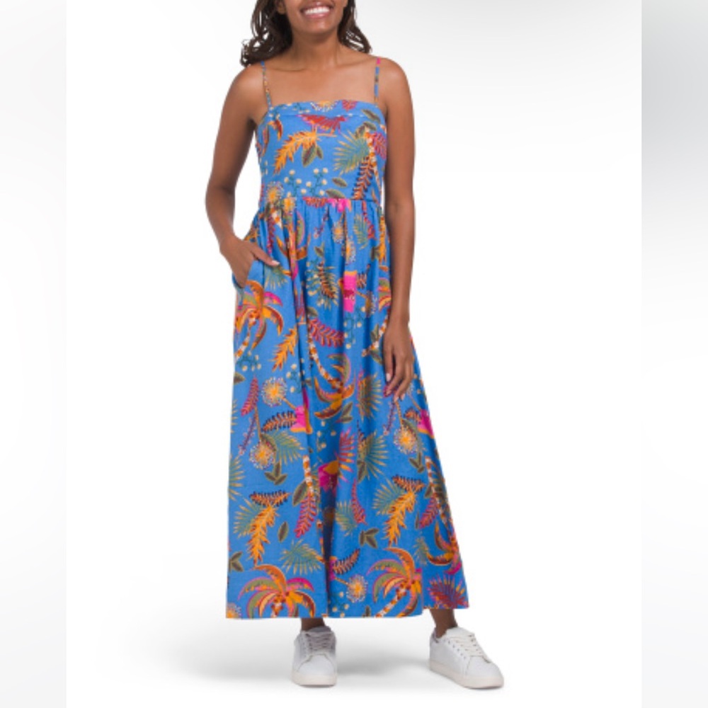 Linen Blend Square Neck Tropics Maxi Dress